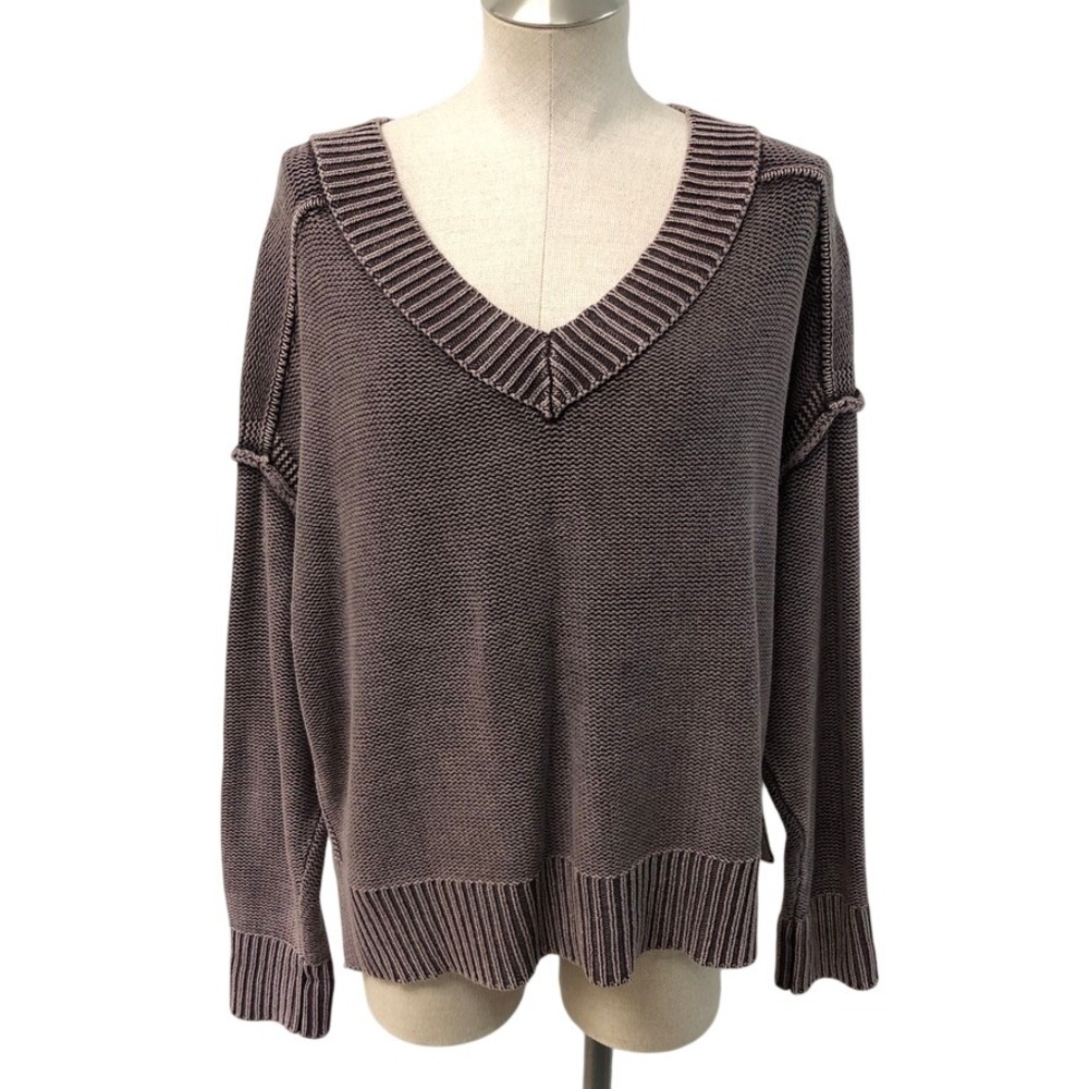 American Eagle Sweater Womens Large Purple V-Neck Shaker Knit Cotton Relaxed